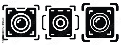 face recognition camera icon set, black color and white background