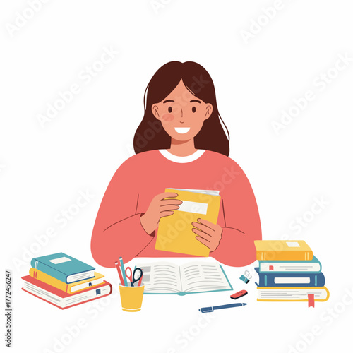 Flat Illustration of Student Girl Studying with Books at Desk Education