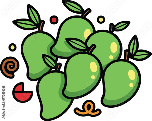 Collection Of Ripe Green Mangoes With Leaves And Abstract Shapes On White Background