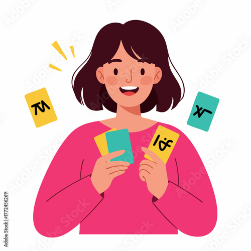 Flat Illustration Happy Young Woman Playing Cards Gambling Concept