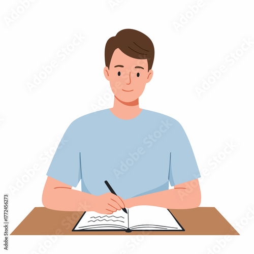 Flat Illustration of Concentrated Man Writing in Notebook on Desk