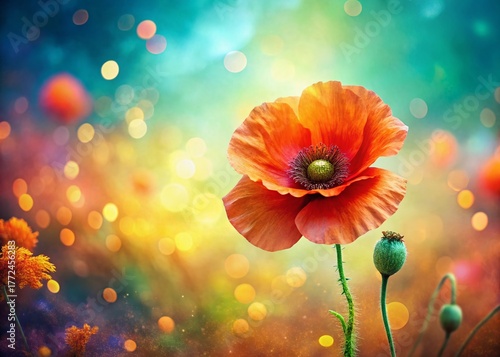 Bohemian Floral Background with Vibrant Poppy Flower - Copy Space Left