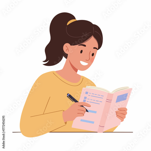 Flat Style Happy Woman Writing on Notebook Illustration with Smile Expression