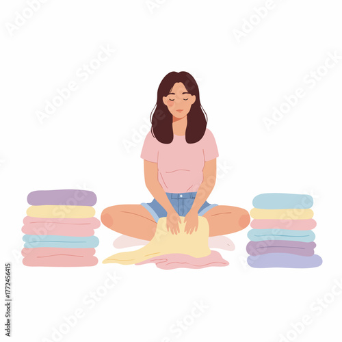Flat Illustration of Woman Folding Clothes Laundry at Home Lifestyle