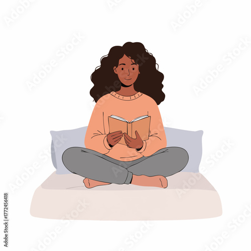 Flat Style Relaxed Woman Reading Book on Bed Illustration