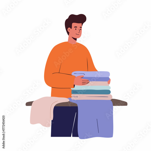 Modern Flat Illustration of Young Man Folding Laundry on Ironing Board
