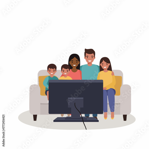 Flat Style Happy Diverse Family Watching Television Together At Home Illustration