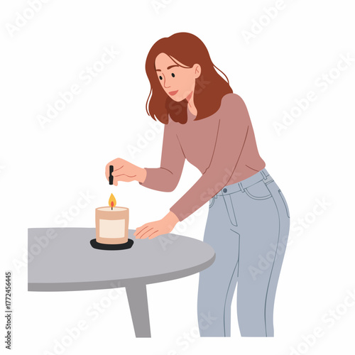Flat Illustration Woman Lighting Scented Candle on Table Lifestyle Image