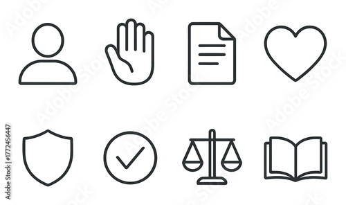 Icons of privacy, communication, and ethics on grayscale background