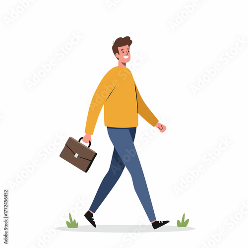 Flat Style Businessman Character with Briefcase Walking Forward Illustration