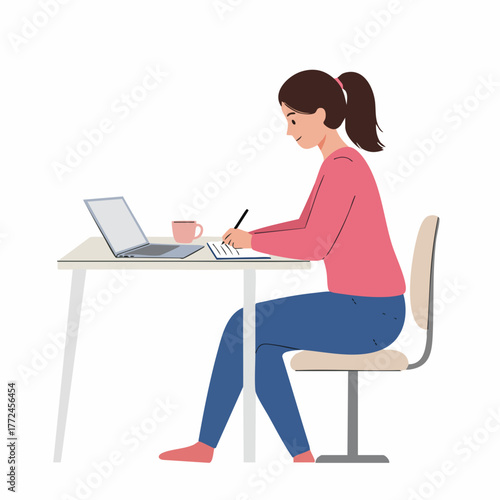 Flat Illustration Girl Sitting at Desk Working on Laptop with Coffee