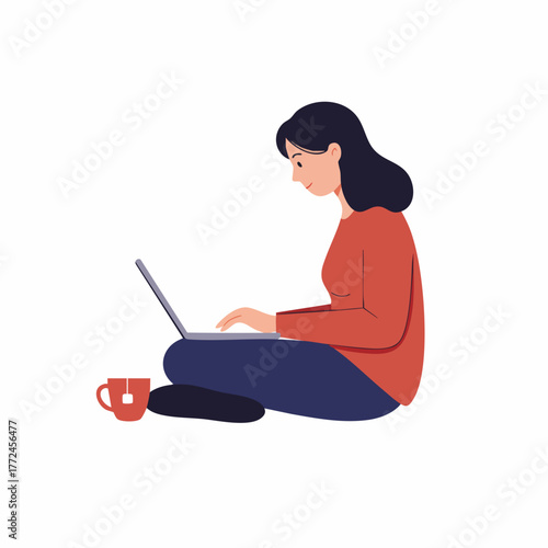 Flat Style Detailed Woman Working on Laptop with Tea Illustration