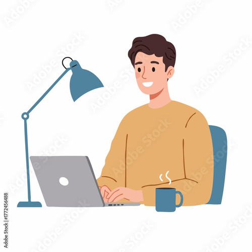 Flat Illustration of Happy Man Working on Laptop at Desk