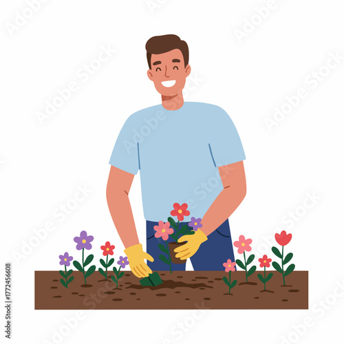Flat Illustration Happy Man Planting Flowers in Garden Gardening Activity