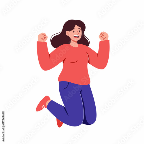 Flat Illustration Happy Woman Jumping With Joy and Excitement Celebration