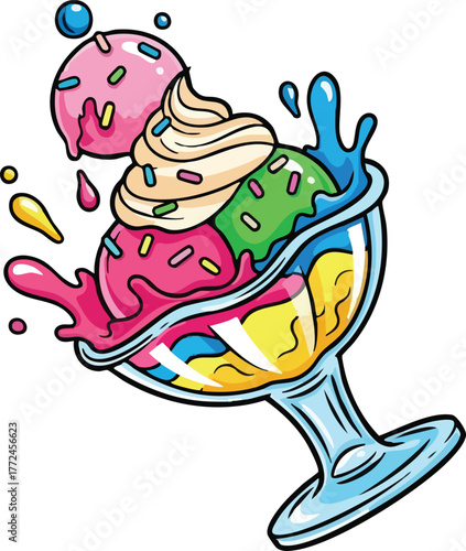 Colorful Ice Cream Sundae With Sprinkles And Swirls Overflowing In A Glass Dish With Splashes Of Liquid