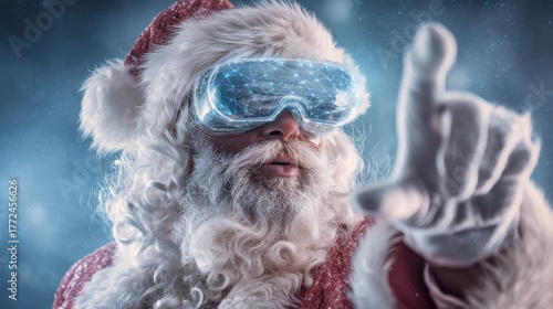Santa Claus with Futuristic Glasses in Winter Wonderland Scene
