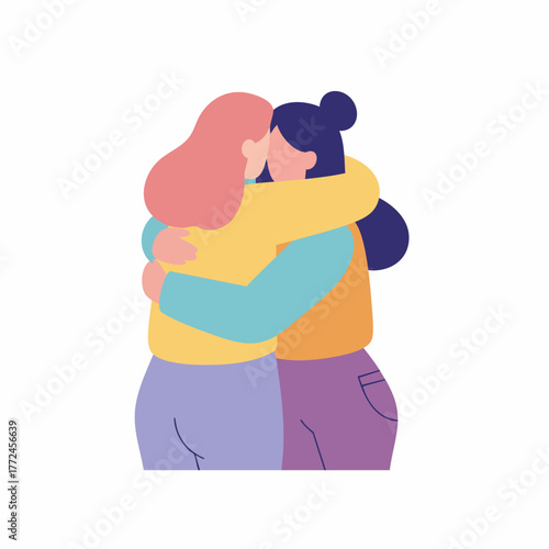 Minimalist Flat Illustration of Two Female Friends Embracing and Showing Affection