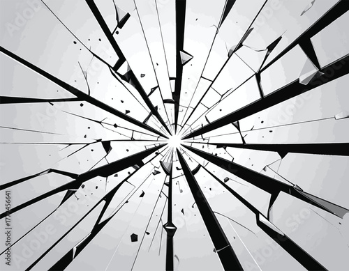 Fractured Glass Effect A Detailed Black and White Illustration of Shattered Surface with Radial Cracks