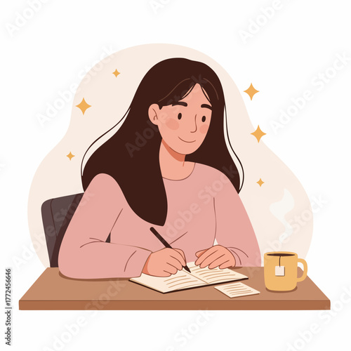 Flat Illustration Woman Writing on Table With Mug of Tea