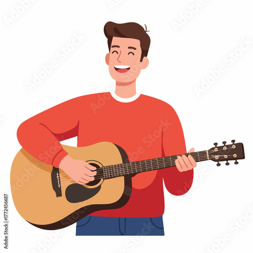 Cheerful Handdrawn Style Young Man Playing Acoustic Guitar Illustration