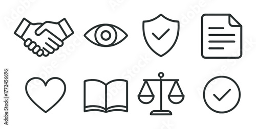 Set of business and legal icons on dark background