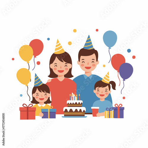 Flat Happy Family Celebrating Birthday with Cake and Balloons Illustration