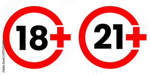 Two circular age restriction icons with numbers 18 and 21, commonly used for adult content classification, movie ratings, or access control