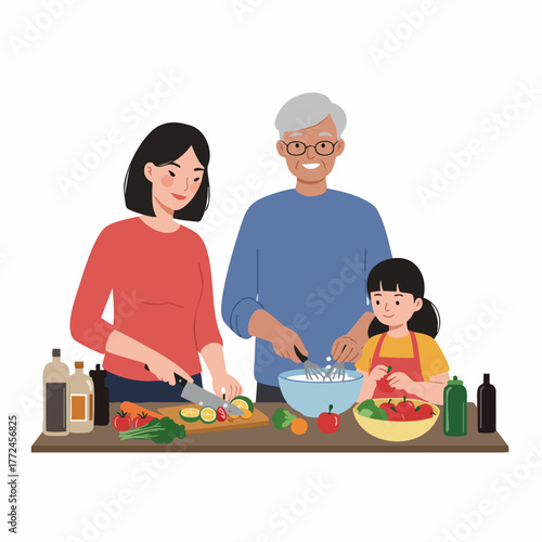 Flat Illustration Happy Family Preparing Healthy Meal Together at Kitchen