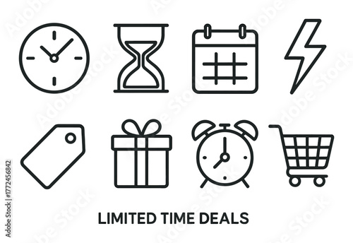 Limited time deals icons: clock, calendar, hourglass, lightning, sale, gift, alarm, cart