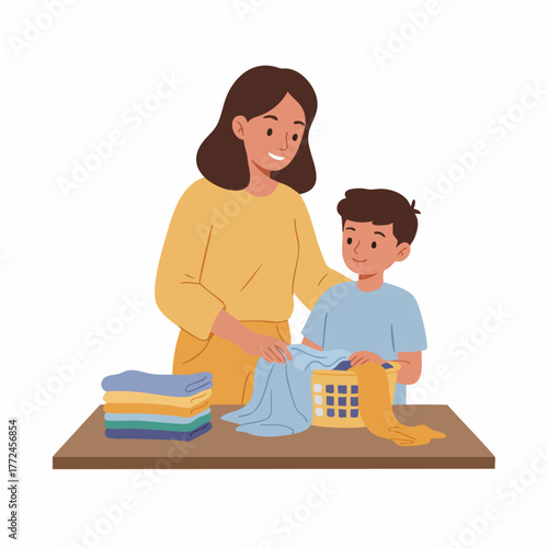 Flat Illustration of Mother and Son Folding Clothes Together Domestic Scene