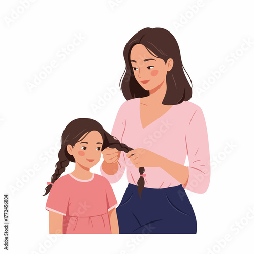 Flat Illustration of Mother Braiding Hair for Daughter Family Moment