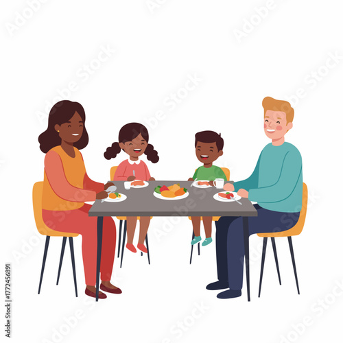 Flat Illustration Diverse Family Having Meal Together at Dining Table