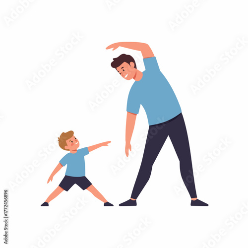 Flat Illustration Father and Son Stretching Body Together Family Activity