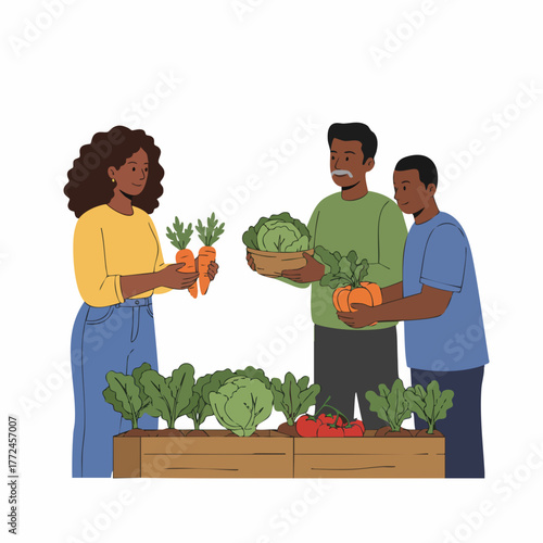 Flat Illustration of Happy People Shopping Fresh Vegetable at Market
