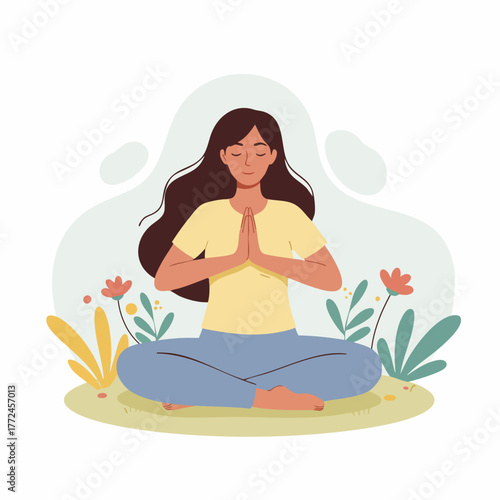 Flat Style Woman in Meditation Pose with Floral Background Illustration