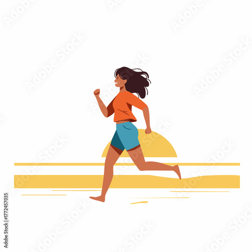 Flat Illustration of Brunette Woman Running on Beach with Sunset View Scene