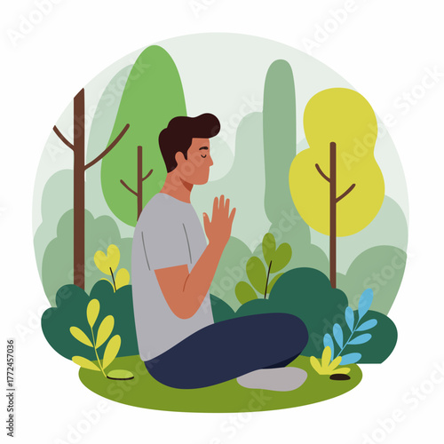 Flat Illustration Man Meditating in Nature with Green Forest Background
