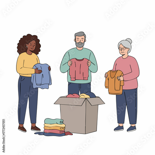 Flat Handdrawn Diverse People Donating Clothes to Charity Illustration