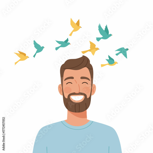 Cartoon Smiling Bearded Man with Birds Flying Above Head Illustration