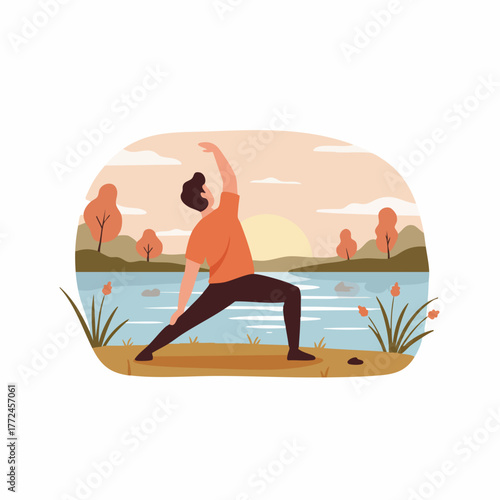 Flat Illustration Warrior Pose Yoga Exercise on the Serene Lake Landscape