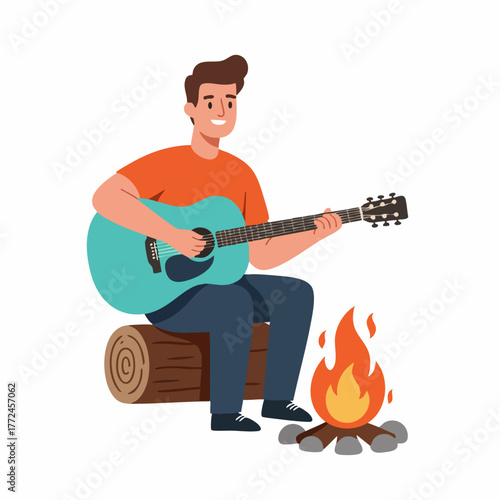 Flat Illustration of Happy Man Playing Guitar by Campfire Outdoor Activity