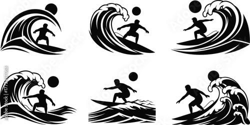 Set of Surfer on Ocean Wave Silhouettes Vector Logos, Extreme Water Sport and Dynamic Summer Graphics Collection.