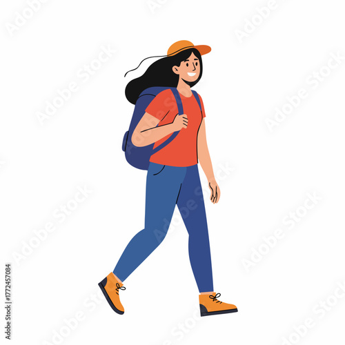 Flat Illustration of Happy Young Woman Tourist with Backpack Character