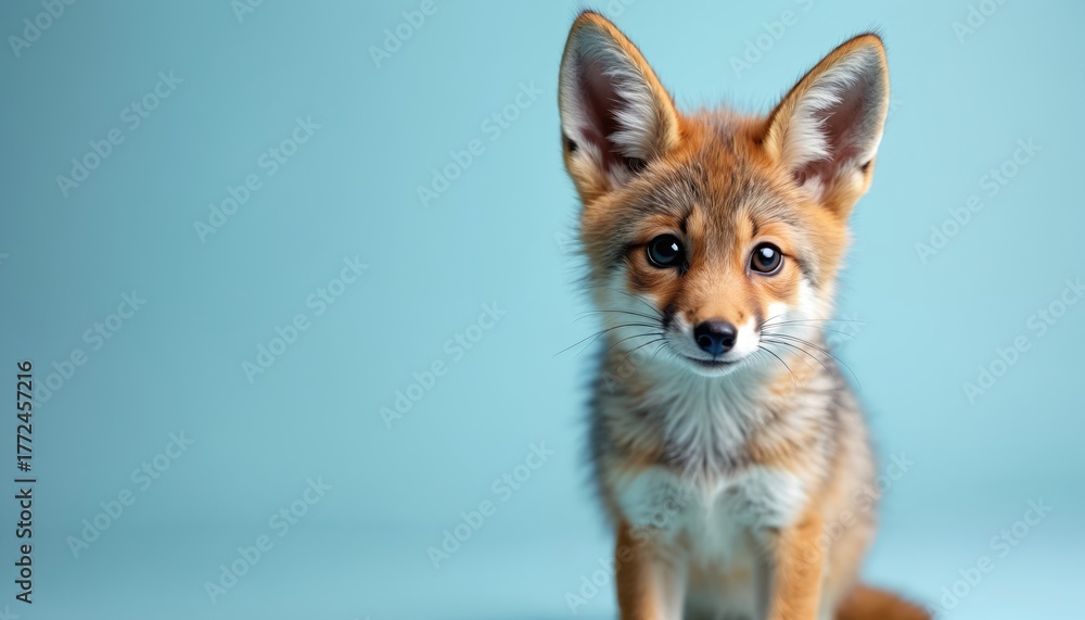Fototapeta premium Charming portrait of a baby coyote against light blue backdrop. Adorable cub with big eyes sits front facing. Wildlife animal portrait for education projects eco campaigns.