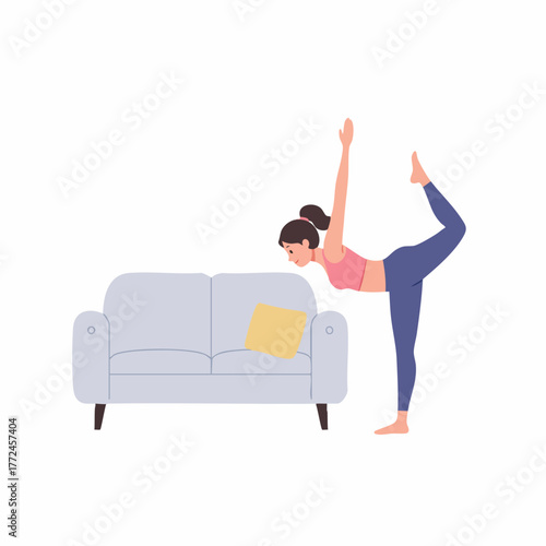 Flat Style Woman Doing Yoga Asana Near Couch Illustration