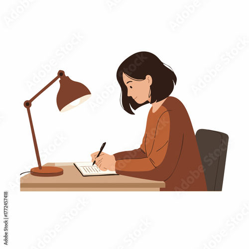 Flat Illustration of Young Woman Writing in Notebook at Desk, Studying