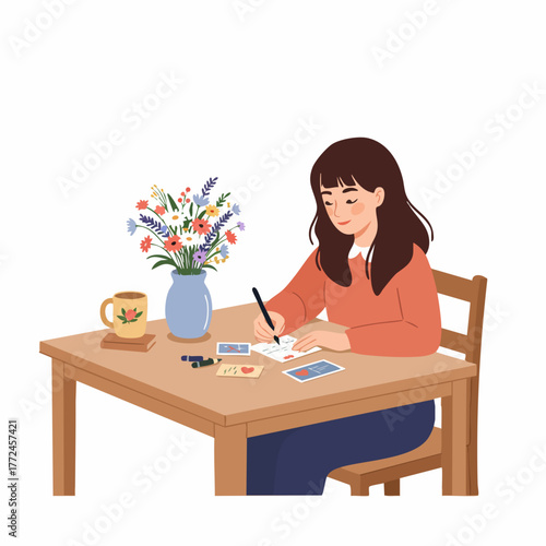Cute Handdrawn Girl Writing Letter on the Desk Illustration