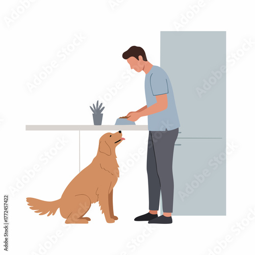 Minimalist Flat Illustration of Man Washing Dishes with Dog Waiting in Kitchen