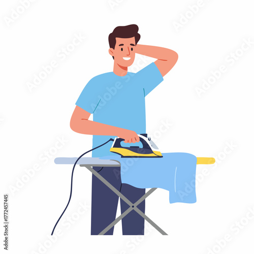 Flat Illustration of Smiling Man Ironing Clothes on Ironing Board